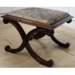 A 19th Century rosewood X framed stool with upholstered top, 52cm by 50cm,