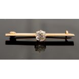 A diamond 18ct yellow gold bar pin, the round old cut diamond weighing approx 0.