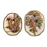 A large Japanese satsuma hat pin, depicting Geisha and a young boy; another, smaller,