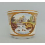 A Derby tea cup, painted with a landscape titled 'Hall of Fire Near Inverness Scotland',