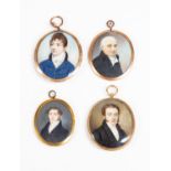 Four assorted oval portrait miniatures of gentlemen, circa 1830's to 1860's, spanning generations,