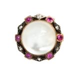 A 19th century moonstone, diamond and ruby hat pin,