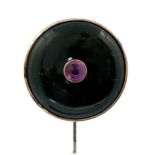 A large circular hat pin, round collet-set cabochon amethyst set in bloodstone, 4cm diam, 26.
