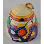 Clarice Cliff for Wilkinson, a Circle Tree (RAF) beehive honey pot, Fantasque mark, 9cm high