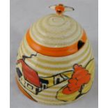 Clarice Cliff for Newport Pottery, a House and Bridge beehive honey pot, Fantasque Bizarre marks,