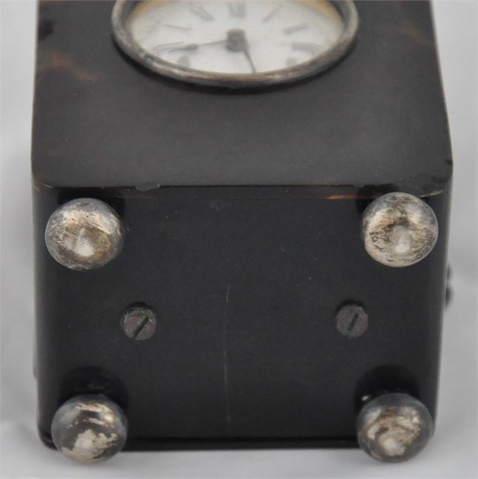 An Art Deco tortoiseshell and silver carriage timepiece, French movement and white enamelled dial, - Image 5 of 6