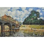 After Alfred Sisley, "Le pont de Hampton Court", a copy by E Turner, late 20th century, oil on