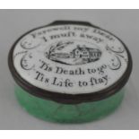 An 18th century oval Bilston enamel patch box with original mirror, inscribed 'Farewell my Dear, I