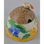 Clarice Cliff for Newport Pottery, a small Canterbury Bells beehive honey pot, Bizarre mark, 7.5cm