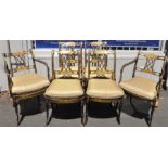 A set of six ebonised and parcel gilt Regency dining chairs, with etched and painted decoration