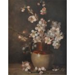 M Snell (19th century Continental School), "Study of Cherry Blossoms in a Vase", oil on board,