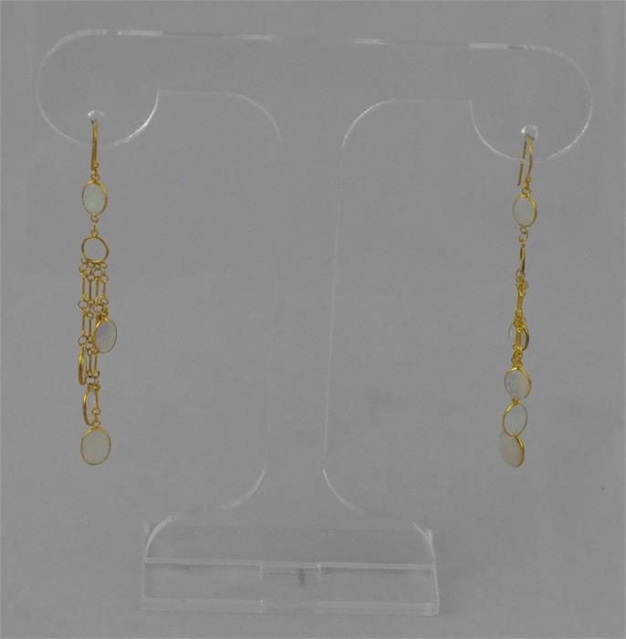 A pair of 14ct. gold and opal drop earrings, each set single oval cabochon opal suspending a further - Image 2 of 4