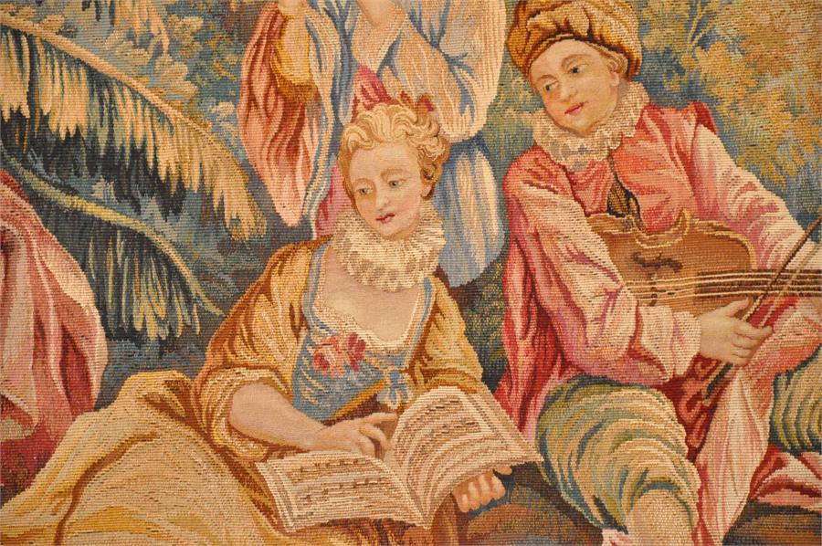 A large Aubusson tapestry, French 20th century, depicting a couple and musician within a forested - Image 5 of 5