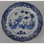 A Chinese export blue and white Nanking dinner plate, c.1780, painted with two people beside a deer.