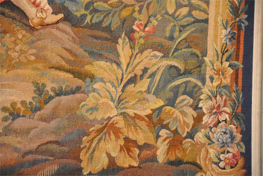 A large Aubusson tapestry, French 20th century, depicting a couple and musician within a forested - Image 4 of 5