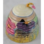 Clarice Cliff for Newport Pottery, a Delicia Pansies beehive honey pot, Bizarre mark, 9cm high