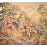 A large Aubusson tapestry, French 20th century, depicting a couple and musician within a forested