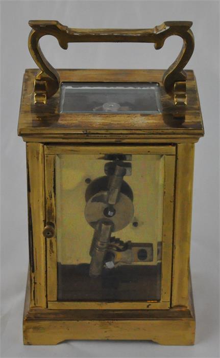 An R E Porter (Bournemouth) brass carriage clock, early 20th century, having white enamel Roman - Image 3 of 4