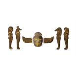 Egyptian Wooden Winged Scarab and Four Sons of Horus Set, Late Period, C. 664 - 332 BC.