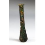 A glass unguentarium perfume bottle, dark green with some iridescence. Flared mouth with long