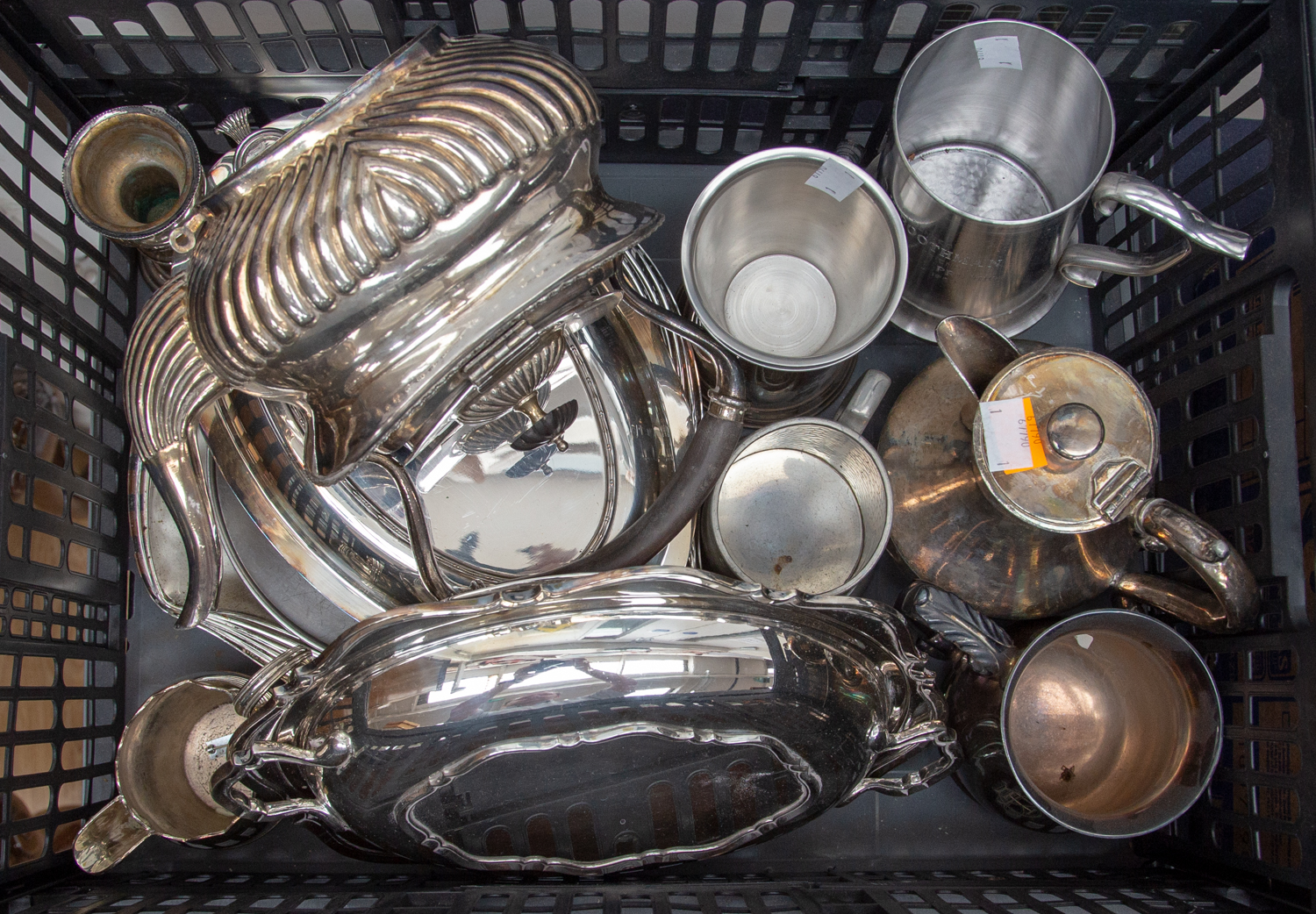 A collection of silver plate/EPNS etc, including various tankards, two entree dishes and covers,