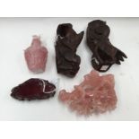 Two Chinese Republic period pink Chinese quartz Guanyin carvings with a pair of Fo dogs