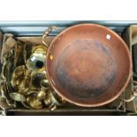 Twin handled copper bowl, with an Indian brass jardiniere and assorted brass ware,