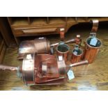 Three copper graduated animal feed scoops, with a non matching copper feed scoop,