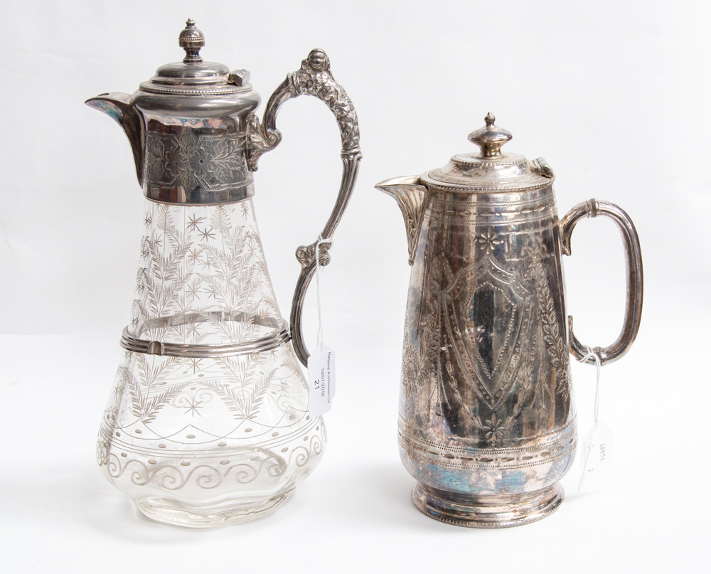 A Claret jug, etched glass with silver plated top and handle, - Image 2 of 3