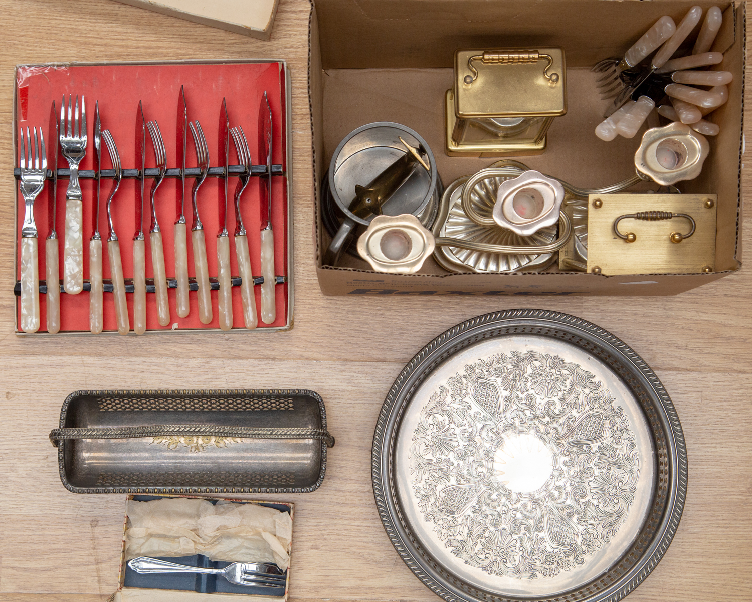 A silver plated gallery tray, flatware, a tankard, candelabra, - Image 2 of 3