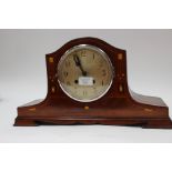 An Edwardian mantle clock with inlaid wood detail, Westminster chime,