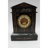 A late Victorian inlaid slate mantel clock in the form of a Doric Temple, brass dial,