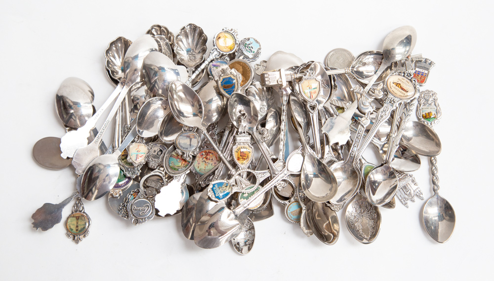 A large quantity of various silver plated souvenir spoons, from various resorts,