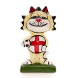 England football cat by Lorna Bailey and signed to the base, comic smiling cat in England shirt,