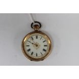 A ladies 14k fob watch, enamel dial, chased case, 47.
