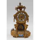 French 8 day ormolu mantle clock, ceramic hand painted inserts, pendulum,