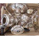 A collection of plate, EPNS and metal wear, to include tea and water pots, candelabra, milk jug,