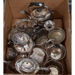 A collection of assorted silver plate including spirit kettle,