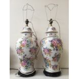 A Pair of Chinese type temple jars, converterted in to table lamps. Hand painted floral decoration.