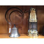 A 19th Century brass minors lamp and a Victorian bell (2)