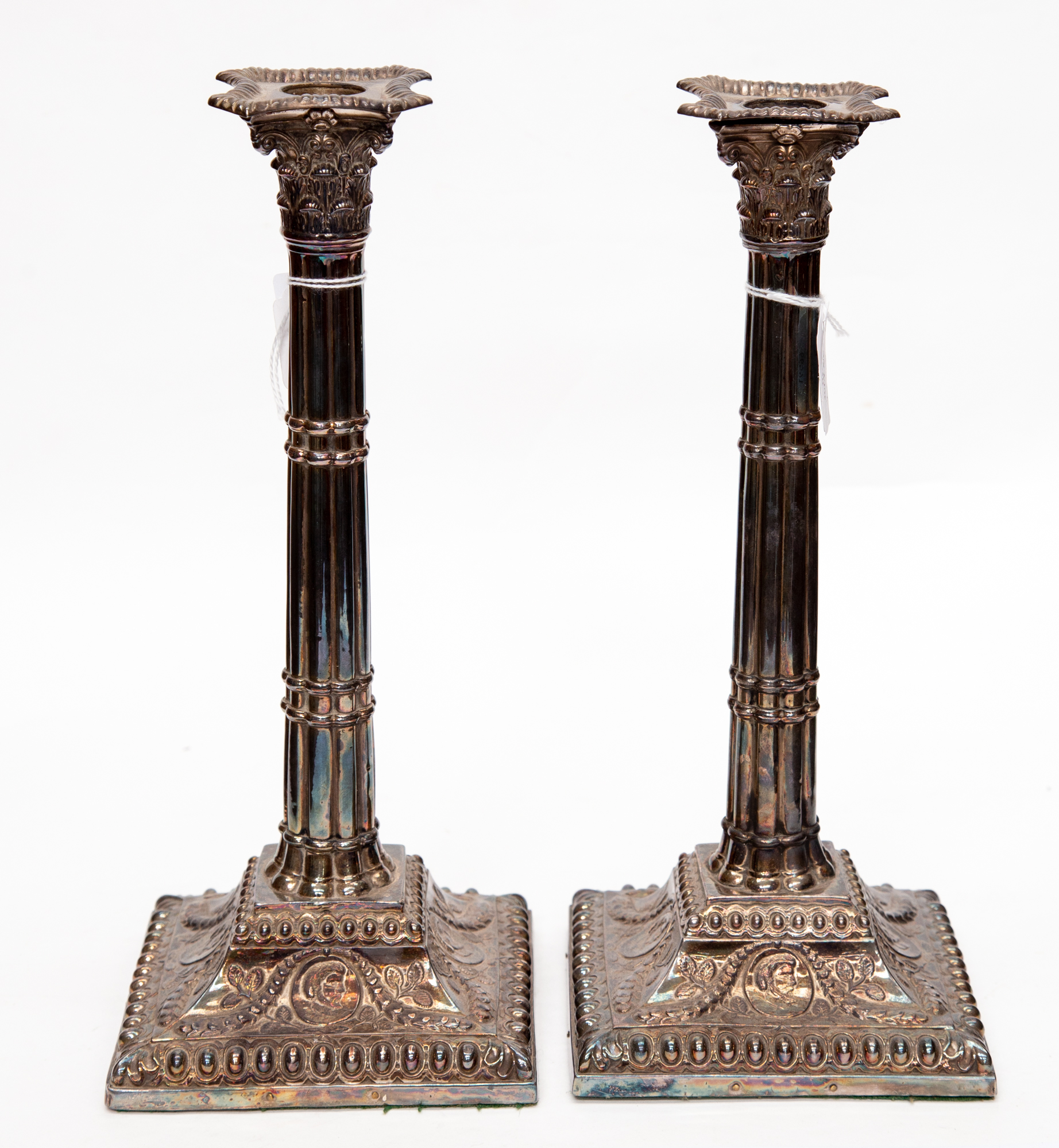 A pair of old Sheffield plate, Corinthian candlesticks, approx 31cm high, - Image 2 of 2