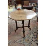 A late Victorian walnut octagonal topped occasional table, raised on turned columns,