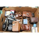 A box of vintage cameras to include SEM twin lens, Kodak Anastigmat F105mm, Pentx Spotmatic,