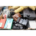 A box of vintage cameras and accessories to include Junior TP Special large format camera and
