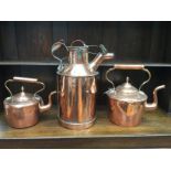 A copper industrial water carrier, two handles, cover and spout, with two copper kettles,