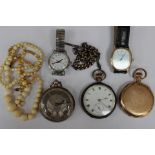 A collection of assorted watches, including two silver pocket watches,