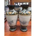 Hannah Barlow for Royal Doulton, a pair of pedestal vases, incised with donkeys,