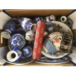 A large box of mixed ceramics to include a large blue and white vase,