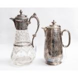 A Claret jug, etched glass with silver plated top and handle,