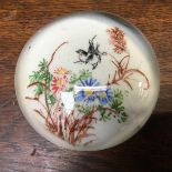 Chinese white paperweight hand painted birds and floral scene on the white cushion